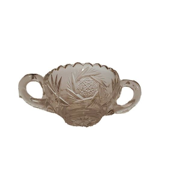 Vintage Art Deco Clear Cut Glass Crystal Creamer Open Sugar Bowl Handles Star - Picture 8 of 8